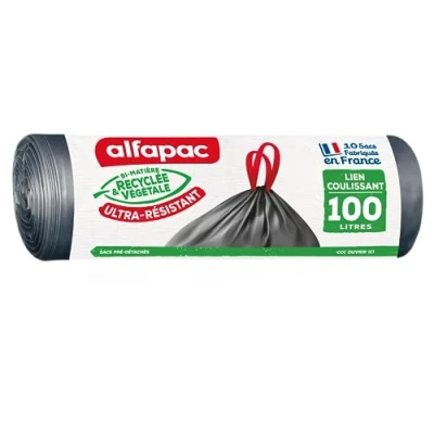 Imagen de Alfapac 10 bolsas de 100L con enlace deslizante ultrarresistente fabricadas en Francia Bimaterial reciclado y vegetal