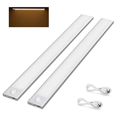Imagen de Klighten 2 Pcs Luz Armario 40cm con Sensor Movimiento, 73 LED, 170 LM, USB Recargable Luces LED Armario, Lámpara de Tira Magnética, Nocturna para Cocina Pasillo, Blanco cálido, Plata