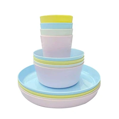 Imagen de juego de vajilla plástico 12 piezas Reutilizable sin BPA 4 tazas cuencos y platos para 8