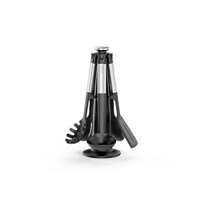 Imagen de Joseph Elevate Utensilios de Cocina Silicona, 5 Piezas, Accesorios sin BPA, Antiadherentes, Resistentes al Calor, Mango en Acero Inoxidable, con Soporte Giratorio