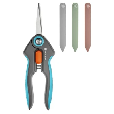 Imagen de Gardena set de Tijeras Freshcut: recolección acero inoxidable para cortar con precisión hierbas, bayas o flores, hoja 47 mm, incl. tapa seguridad y carteles (12212 36)
