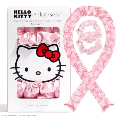 Imagen de Hello Kitty x Kitsch Juego de rizos satén jumbo sin calor para la noche, rodillos el cabello y diadema varilla rizadora suaves calor, caras gatito rosa