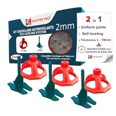 Imagen de Azulejos autotonivelantes 2 mm 200 clips + 100 diales reutilizables Shaffer pro sistema de nivelación rosca Kit nivelador baldosas ayuda a la colocación para suelos y