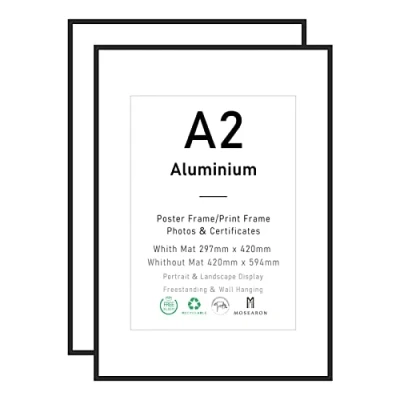 Imagen de ATOBART marco de certificado aluminio negro A2, paquete 2 marcos póster con frente plexi gláss, fotos 42x59 CM para montaje en pared, juego