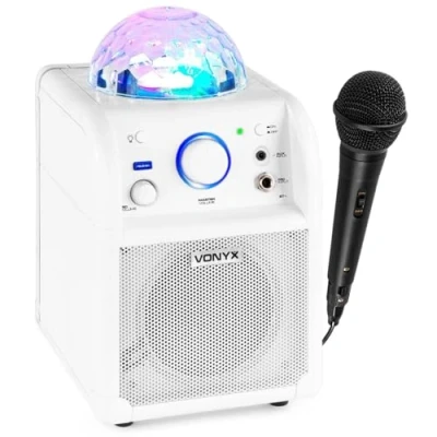 Imagen de Vonyx SBS50W Altavoz portátil Set de Karaoke para Fiesta con micrófono y Efecto Eco, Bluetooth, Bola Discoteca Efectos Luces LED, Entrada Auxiliar Blanco