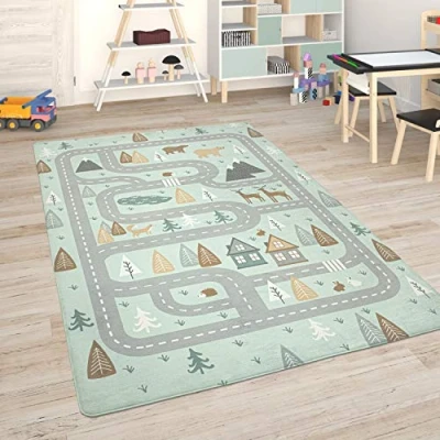 Imagen de Paco Home Alfombra para Habitación Infantil Juegos Bebé Alfombras Infantiles Carreteras, tamaño:120x160 cm, Color:Turquesa