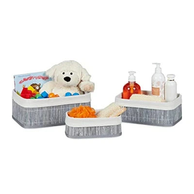 Imagen de Relaxdays, Gris Cajas de almacenaje, Set Tres, Funda Textil, Rectangular, Accesorio, Baúles, Bambú, 12,5 x 30 20 cm
