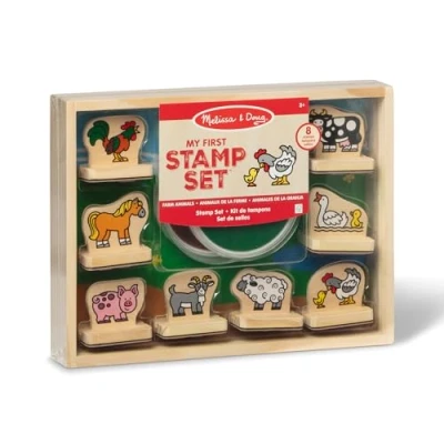 Imagen de Melissa &amp; Doug Juego de sellos madera, La Granja, 8 y una almohadilla tinta lavable, Juguete creativo Actividades creativas, Regalo para niños niñas 3 4 5 6 7 Años