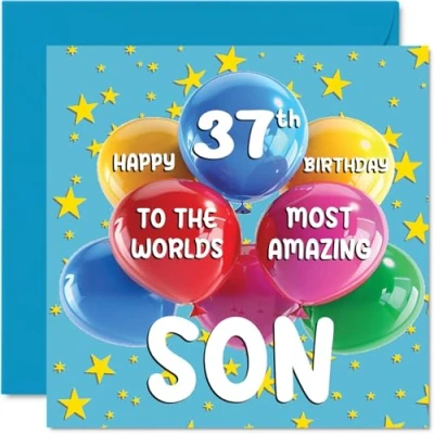 Imagen de Tarjeta de cumpleaños número 37 para hijo World&#039;s Most Amazing Son feliz mamá papá, 145 mm x mm, años edad tarjetas felicitación