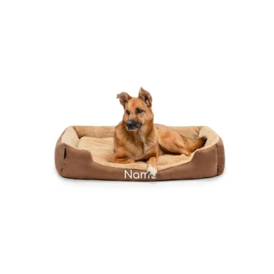 Imagen de lionto Cama para Perros con cojín Reversible y Base Antideslizante, Mascotas Entrada Baja Gatos, 90x70 cm, Acogedor, marrón/Beige (con Nombre Impreso)