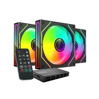 Imagen de MARS GAMING MF 3DPROKIT, Kit 3x Ventiladores PWM 120mm, Iluminación ARGB Infinity Mirror 3D, Sistema Control PWM, Rodamientos FDB, Mando a Distancia y HUB, Compatibilidad Total ARGB, Negro