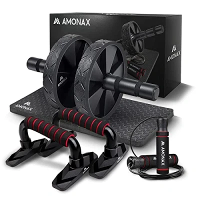 Imagen de Amonax Rodillo de rueda para abdominales con alfombrilla grande ejercitar abdominales, doble modos entrenamiento fuerza dual En el gimnasio casa (Negro Set Combinado 3 1)