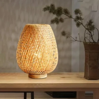 Imagen de GUANSHAN Lámpara de mesa tejida bambú Pantalla Iluminación estilo Zen decorativa Luz noche para dormitorio y sala estar