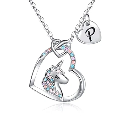 Imagen de TINGN Regalos para Niña Mujer Collar de Unicornio, Chapado en Oro Blanco 14 Quilates CZ Corazón Colgante Unicornio Collares Niñas Inicial P Cumpleaños Joyería