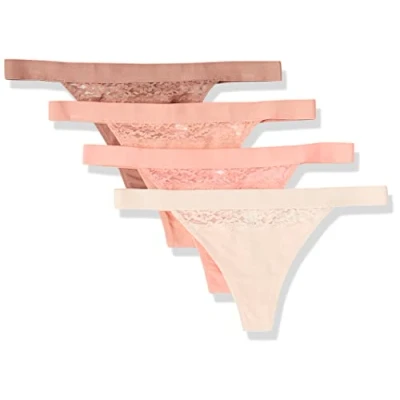 Imagen de Amazon Essentials Tanga de Tira en Algodón y Encaje Mujer, Pack 4, Rosa Asalmonado/Marrón/Rosa Magenta Claro, 40