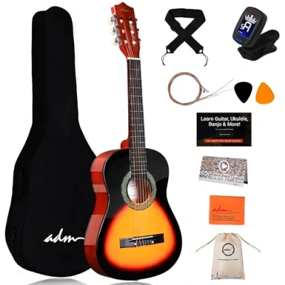 Imagen de ADM Kit de guitarra clásica 1/2 para niños, juego junior 34 pulgadas principiantes con bolsa concierto, afinador clip, correa, púas, cuerdas adicionales,