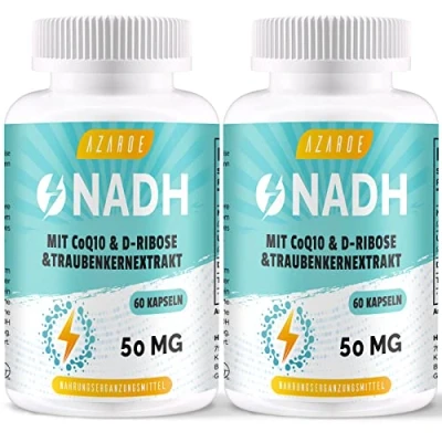 Imagen de NADH 50 mg, Fórmula Avanzada con CoQ10, Vegano, Alta Potencia, Mejora la Energía Celular, Producción de ATP, Apoyo Antioxidante, 120 Cápsulas