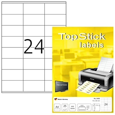 Imagen de TopStick 8400 Etiquetas de dirección A4, paquete 32 (70 x 36 mm, 800 hojas, papel, mate) autoadhesivas, imprimible, pegatinas universales permanentes, 19200 adhesivos blancas