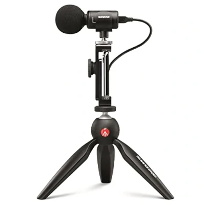 Imagen de Shure MV88+ Micrófono de Condensador Kit vídeo estéreo Digital para Apple y Android, con trípode Manfrotto PIXI, Abrazadera teléfono, Soporte Cables iOS USB C