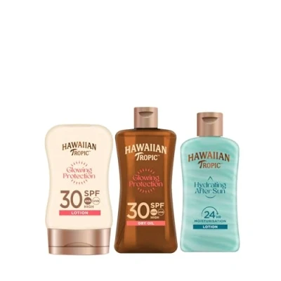 Imagen de Hawaiian Tropic Tripack Viaje Travel Size Protección Solar: Aceite Glowing Protection SPF 30 (100 ml) + Loción After Sun Hidratante (60