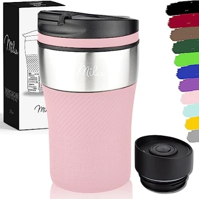 Imagen de Milu Termo Taza 210ml Vaso Termico de Viaje Café para Llevar acero inoxidable beber con aislamiento doble pared (Rosa, 210ml)