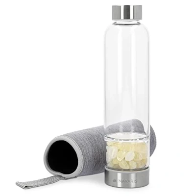 Imagen de Navaris Botella de Cristal con Piedras Agua Cuarzo Citrino Natural Cantimplora Vidrio 420 ml curativas y Funda