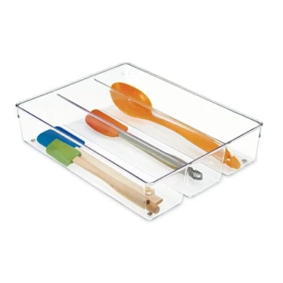 Imagen de iDesign Cubertero para dividir cajones, organizador de cajones grande plástico con 3 compartimentos, separador cubiertos y utensilios largos, transparente