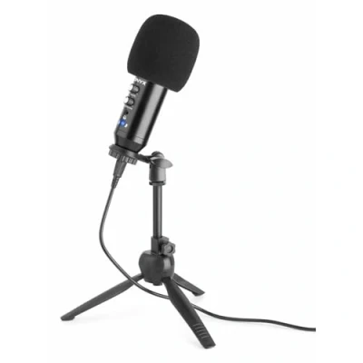 Imagen de Vonyx CM320B microfono Condensador cardioide de Estudio USB Negro con Efecto Echo y Ajuste Ganancia, Interface Audio, Salida Auriculares, Soporte Mesa Plegable Espuma para Vientos