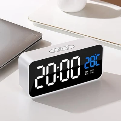 Imagen de Reloj Despertador Digital, LED Pantalla Alarma Inteligente con Temperatura, 2 Alarma, Snooze, 4 Brillo Ajustable Función, Volumen Regulable, 13 Tipos de Música, Puerto Carga USB (blanco)