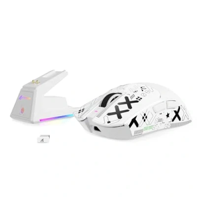 Imagen de MAMBASNAKE x Attack Shark X1 Ratón Ligero para Juegos FPS con Base de Carga &amp; Grip Tape, 49g Superlight, Sensor PAW3395 Pro 40K dpi, Tasa Sondeo 1000 Hz, BT/2,4G Wireless/Cable, PC/Mac Blanco