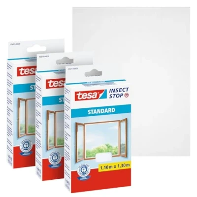 Imagen de tesa Insect Stop Malla Mosquitera STANDARD para Ventanas en Paquete de 3 Autoadhesiva Recortable al Tamaño Deseado Blanca, 130 cm x 150