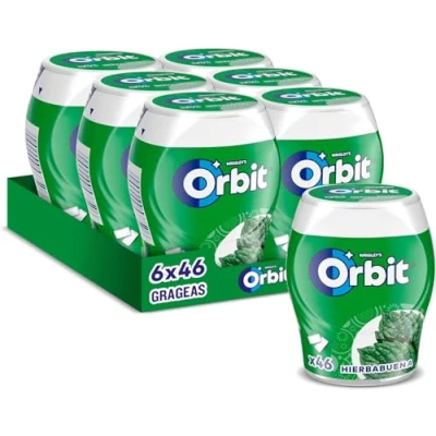 Imagen de Orbit Bote de Chicles Sin Azúcar Sabor Hierbabuena, Fresco, Intenso y Larga Duración en formato Gragea (6 x 46 chicles)