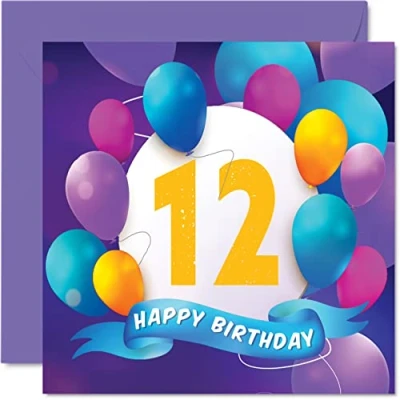 Imagen de Tarjeta de cumpleaños número 12 para niños y niñas, fiesta globos, tarjetas feliz años, hermano, hermana, hijo, hija, nieto, nieta, primo, felicitación