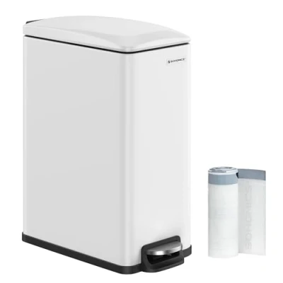 Imagen de SONGMICS Cubo de Basura Cocina 48 L, Basurero con Pedal Delgado para Espacios Estrechos, Tapa Cierre Suave y Cubeta Interior, Acero, 15 Bolsas Incluidas, Blanco LTB510W4802