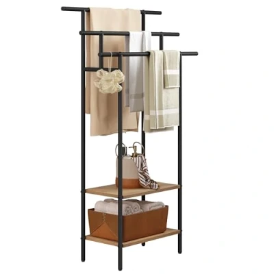 Imagen de EUGAD Toallero de Baño Pie, Pie con 3 Barras y 2 Estantes, Soporte Toallas Espacio Almacenamiento, Escalera Madera Metal, Negro+Roble Claro, 0006WYI