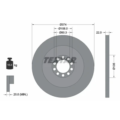 Imagen de TEXTAR 93015500 Disco de freno 374 22 10/10 108 macizo sin perno sujeción rueda, buje rueda