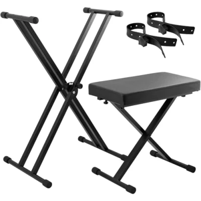 Imagen de ROCKSTAR Soporte Doble Marco de Teclado y Taburete Piano Ajustable KA K2 con Correas Sujeción Asiento Acolchado 5CM. Color negro