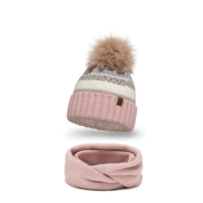 Imagen de Vivisence Conjunto Gorro con Pompón Y Bufanda Redonda para Mujeres De Invierno Plegado Doble Hecho Hilo Cálido Detalles Elegantes Ideal Días Fríos, Rosa,Talla Única