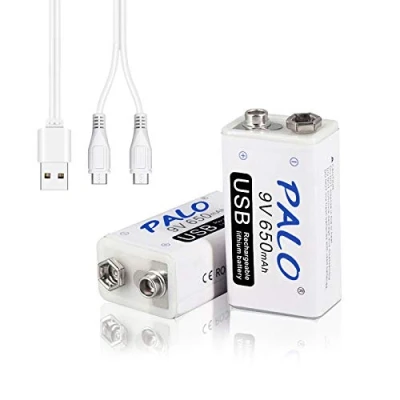 Imagen de CITYORK 9V USB Pilas Recargables, Paquete de 2 650mAh Li Ion Bateria con Micro Cables, Precargada Baja Autodescarga, para Micrófonos, Alarma Humos, Juguetes electrónicos, Walkie Talkie