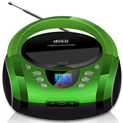 Imagen de Boombox portátil CD/CD R USB Reproductor de Radio FM Entrada AUX Conector para Auriculares Infantil Sistema estéreo Compacto (Golo Green)