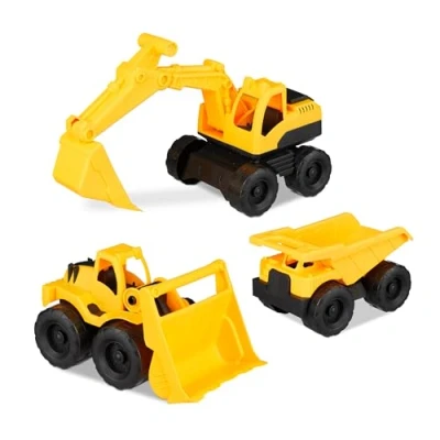 Imagen de Relaxdays Vehículos Construcción Niños, Set 3 Excavadoras Juguete, Lavadora Carga Frontal y Camión, Arenero, Plástico