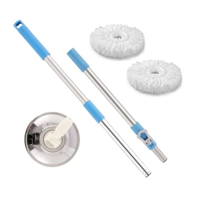 Imagen de ARSUK Juego de manijas para Fregona con 2 Cabezales Microfibra súper absorbentes 360 Sistema Recorte automático Barra telescópica Acero Inoxidable (Azul2 Palo Extensible)