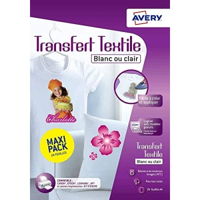 Imagen de Avery Bolsa de 24 papeles transferencia Tee Shirt o textiles blancos claros, personalizables e imposibles Formato A4, impresión inyección tinta