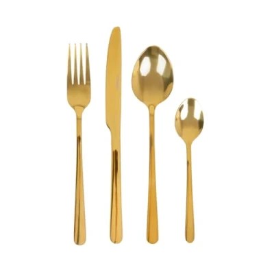 Imagen de HOMLA Lugano cubertería de acero inoxidable (24 piezas, con cuchillo, tenedor, cuchara, para casa, eventos, restaurantes), color dorado