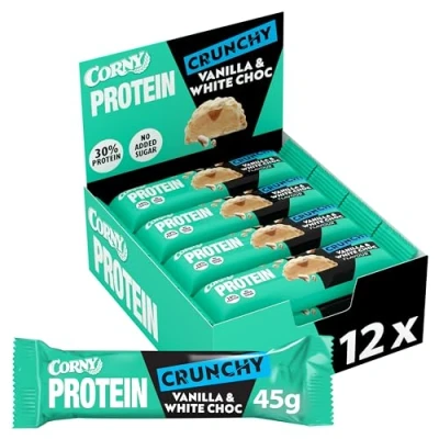 Imagen de Corny Protein Crunchy Barritas Proteicas de Chocolate Blanco Sabor Vainilla, 30% Proteinas, 0% Azúcares Añadidos, Ayuda al Desarrollo y Recuperación la Masa Muscular, Pack 12x45g, Taste the Power