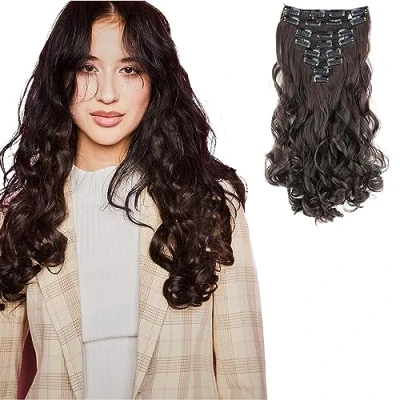 Imagen de CAISHA XL 45cm 7 Piezas Set CLIP IN EXTENSIONS Extensión De Cabello Postizo Ondulado Marrón Chocolate CE10 1