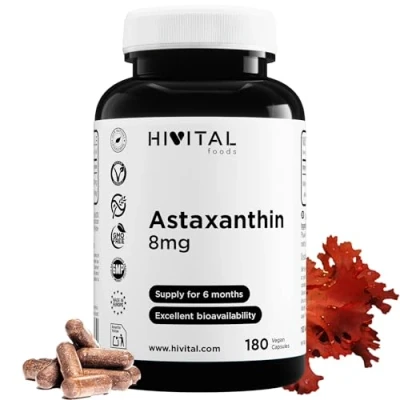 Imagen de Astaxantina pura 8mg procedente de 160mg Alga Natural Haematococcus Pluvialis al 5% en Astaxanthin. 180 cápsulas veganas para 6 meses. Antioxidante celular mejorar la piel y el sistema inmune.