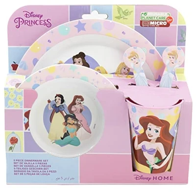 Imagen de Set vajilla infantil reutilizable apta para microondas compuesta por vaso, plato, cuenco y cubiertos de Princesas Disney