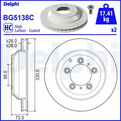 Imagen de DELPHI BG5138C Disco de freno 330 28 5 ventilado revestido altamente carbonizado sin cojinete rueda, anillo sensor ABS