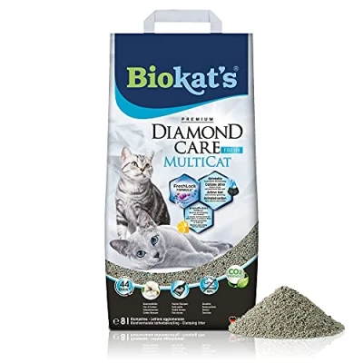 Imagen de Biokat&#039;s Diamond Care MultiCat Fresh, con fragancia Arena fina carbón activo para hogares en los que viven varios gatos 1 saco (1 x 8 l)